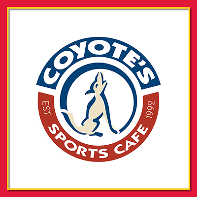 logo: Coyote's Sports Cafe in red and gold frame